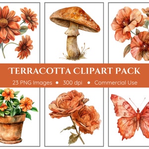 Pack de cliparts en terre cuite - fond transparent - fleurs d'oranger en terre cuite, fleurs, papillons, oiseaux, arbres, champignons vénéneux