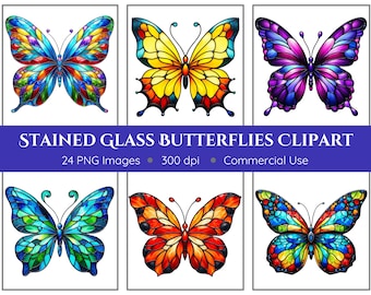 Stained Glass Butterfly Clipart | 24 PNGs | Stained Glass Clipart | Stained Glass Butterflies | Commercial Use | Instant Download