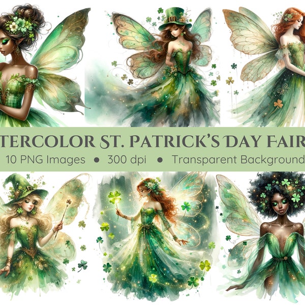 St. Patrick's Day Fairies Clipart Pack - Transparent Background - Watercolor Fairies - Green Fairies - Magical Fairies