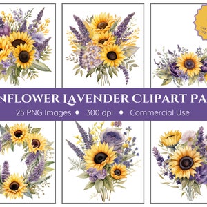 Pack de cliparts tournesol et lavande - fond transparent - noeuds de tournesol, lavande, fleurs, fleurs, printemps, aquarelle