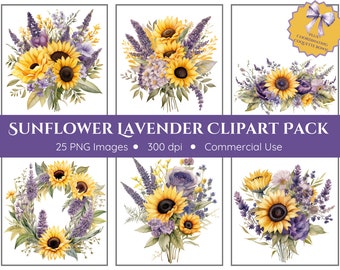Pacote de clipart de girassol e lavanda - fundo transparente - girassóis, lavanda, flores, floral, primavera, aquarela, laços de coquete