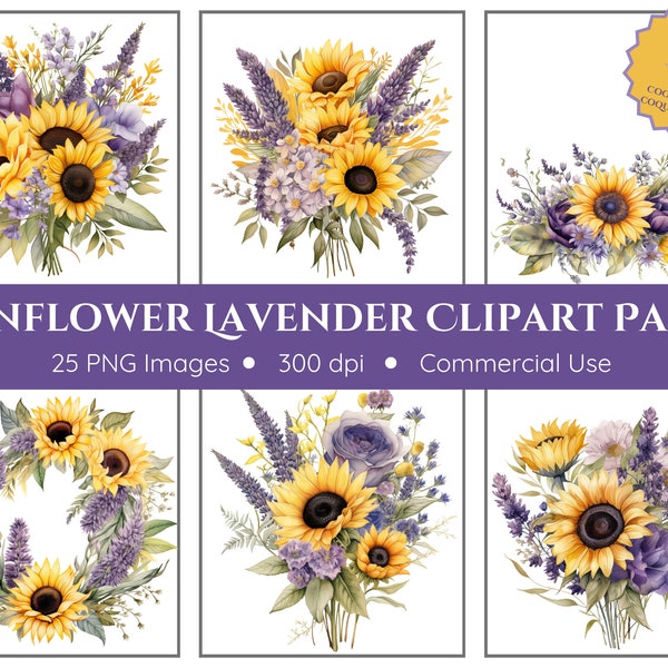 Sunflower and Lavender Clipart Pack - Transparent Background - Sunflowers, Lavender, Flowers, Floral, Spring, Watercolor, Coquette Bows