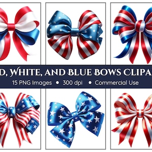 Rot, Weiß und Blau Bögen Clipart | 15 PNG | Amerikanische Flagge Bögen | 4.Juli Kokette Bögen | Vaterländische Bögen | Stars and Stripes Schleifen