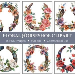 Floral Hufeisen Clipart Pack - transparenter Hintergrund - Hufeisen und Blumen, Hufeisen und Rosen, Frühlingsblumen, Aquarell Clipart