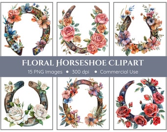 Pacote de clipart de ferraduras florais - fundo transparente - ferraduras e flores, ferraduras e rosas, flores da primavera, clipart aquarela