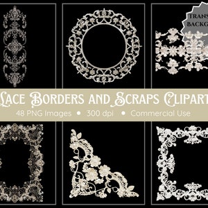 Lace Bordüren und Scraps Clipart | 48 PNG | Spitze Clipart | Clipart-Bundle | Digitaler Download | Spitze PNG | Transparenter Hintergrund | Spitzenband