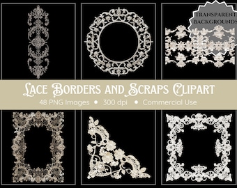 Lace Borders and Scraps Clipart | 48 PNG | Lace Clipart | Clipart Bundle | Digital Download | Lace PNG | Transparent Background | Lace Strip