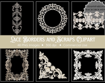 Lace Bordüren und Scraps Clipart | 48 PNG | Spitze Clipart | Clipart-Bundle | Digitaler Download | Spitze PNG | Transparenter Hintergrund | Spitzenband