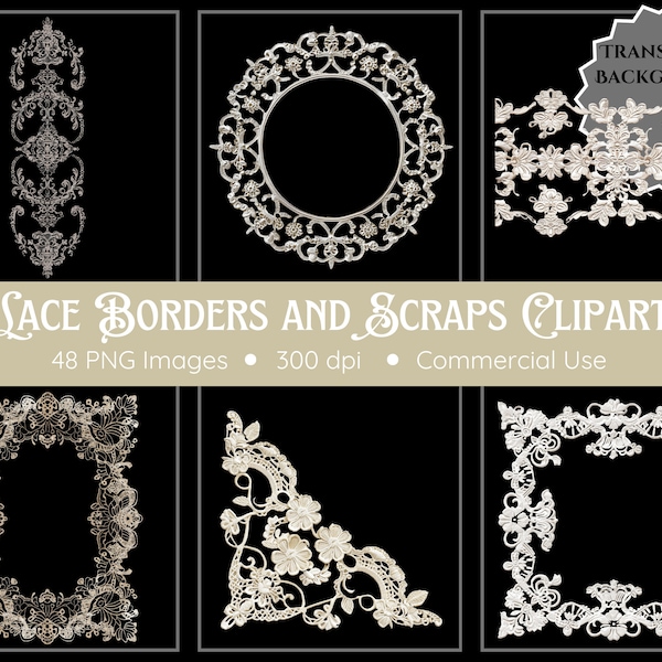 Lace Borders and Scraps Clipart | 48 PNG | Lace Clipart | Clipart Bundle | Digital Download | Lace PNG | Transparent Background | Lace Strip