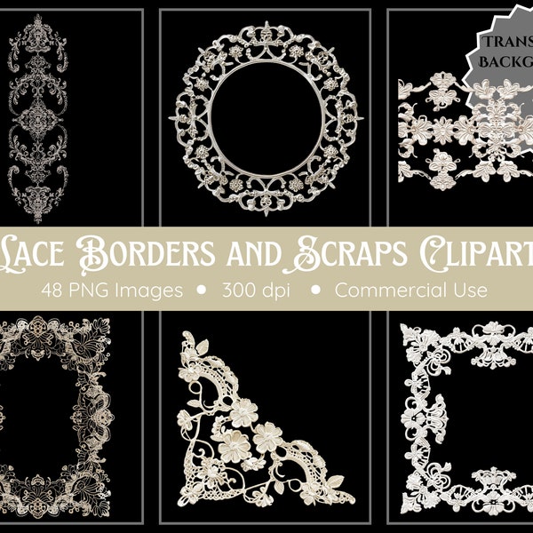 Lace Borders and Scraps Clipart | 48 PNG | Lace Clipart | Clipart Bundle | Digital Download | Lace PNG | Transparent Background | Lace Strip