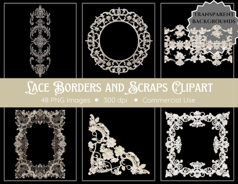 May include: A set of 48 white lace borders and scraps clipart images with transparent backgrounds. The images are 300 dpi and can be used for commercial purposes.