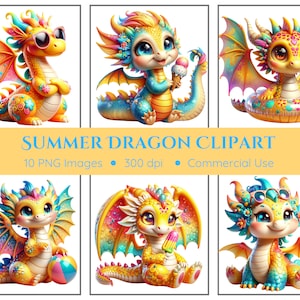 Zomer draken clipartpakket - transparante achtergrond - babydraken, pooldraken, schattige draken, instant download, png