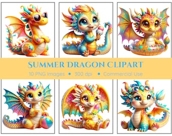 Summer Dragons Clipart Pack - Transparent Background - Baby Dragons, Pool Dragons, Cute Dragons, Instant Download, PNG