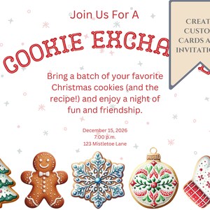 Peut inclure: Une invitation festive &agrave; un &eacute;change de biscuits avec un motif de biscuit de pain d'&eacute;pices rouge et blanc. L'invitation comprend le texte "Join Us For A Cookie Exchange", "Bring a batch of your favorite Christmas cookies (and the recipe!) and enjoy a night of fun and friendship." et "December 15, 2026 7:00 p.m. 123 Mistletoe Lane".
