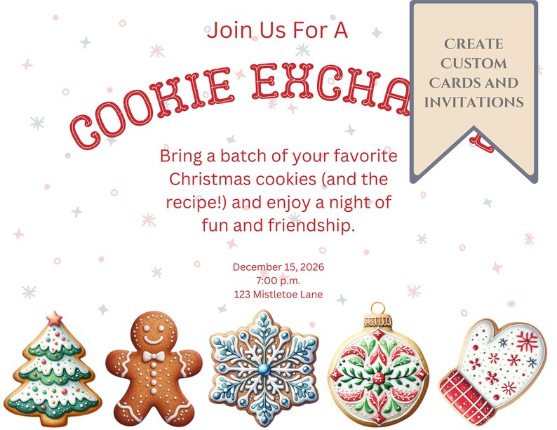Peut inclure: Une invitation festive &agrave; un &eacute;change de biscuits avec un motif de biscuit de pain d'&eacute;pices rouge et blanc. L'invitation comprend le texte "Join Us For A Cookie Exchange", "Bring a batch of your favorite Christmas cookies (and the recipe!) and enjoy a night of fun and friendship." et "December 15, 2026 7:00 p.m. 123 Mistletoe Lane".