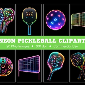 May include: Neon pickleball clipart set with a variety of colorful images including paddles, balls, and nets.  20 PNG images, 300 dpi, commercial use.