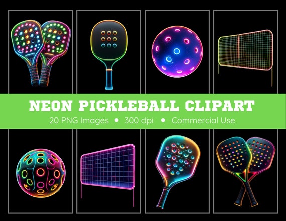 Neon Pickleball Clipart PNG | 20 PNGs | Transparent Background | Pickleball PNG | Instant Download | Pickle Balls | Pickleball Paddles