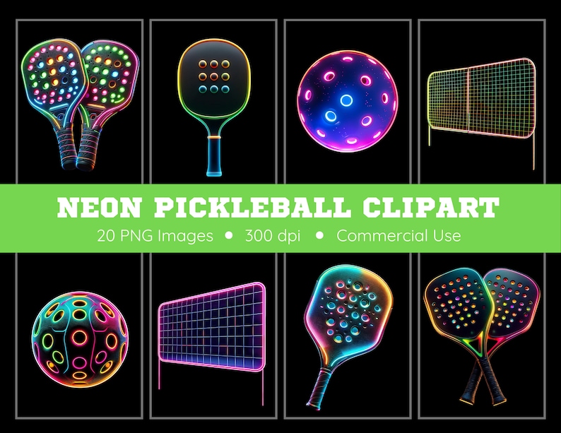May include: Neon pickleball clipart set with a variety of colorful images including paddles, balls, and nets.  20 PNG images, 300 dpi, commercial use.
