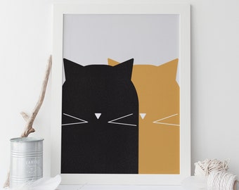 CAT ART PRINT - Professional Quality Giclée Print - Minimalist Wall Art, Cat Lover Gift, Black Cat Poster