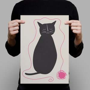 BLACK CAT POSTER - Minimalist Modern Print "Kitty & Yarn" Art, High-Quality Giclee Print, Illustrated Cat Art, Cat Lover Gift image 3