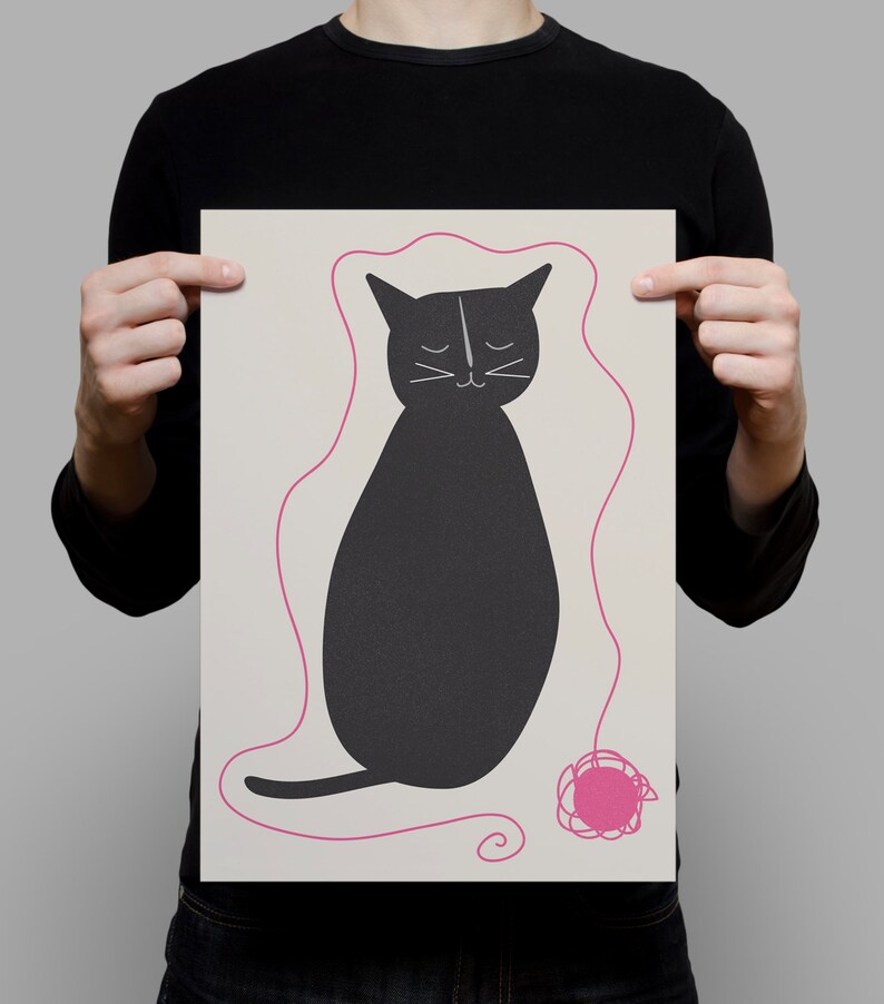 BLACK CAT POSTER - Minimalist Modern Print "Kitty & Yarn" Art, High-Quality Giclee Print, Illustrated Cat Art, Cat Lover Gift image 3