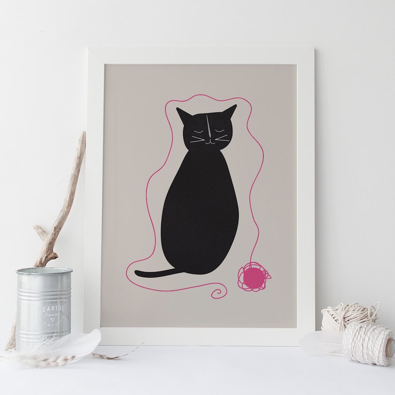 BLACK CAT POSTER - Minimalist Modern Print "Kitty & Yarn" Art, High-Quality Giclee Print, Illustrated Cat Art, Cat Lover Gift image 1