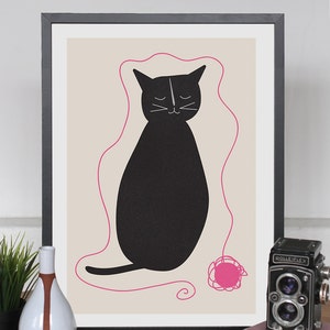 BLACK CAT POSTER - Minimalist Modern Print "Kitty & Yarn" Art, High-Quality Giclee Print, Illustrated Cat Art, Cat Lover Gift image 2