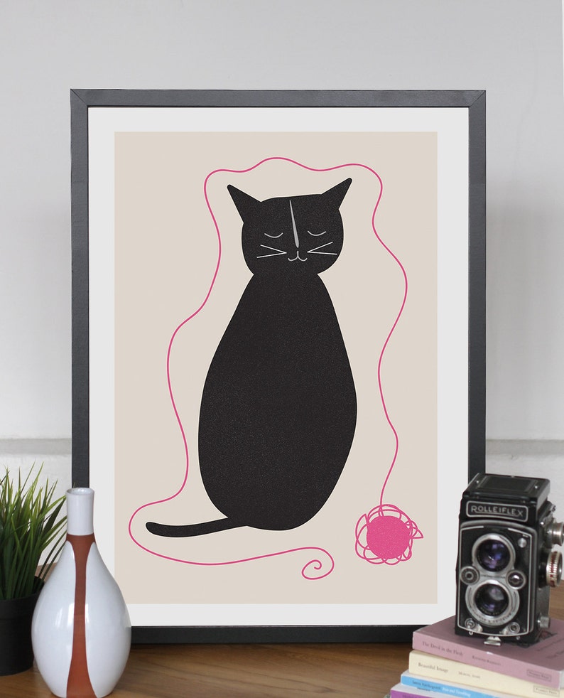 BLACK CAT POSTER - Minimalist Modern Print "Kitty & Yarn" Art, High-Quality Giclee Print, Illustrated Cat Art, Cat Lover Gift image 2