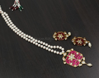 Ruby Jadau Kundan Necklace Set, Temple Jewelry