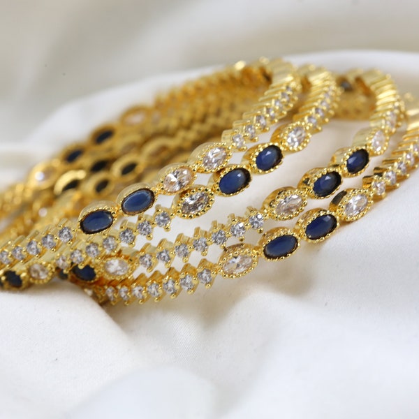 Ethnic blue polki CZ bangles, Ethnic polki bangles, Gold Plated Bangles, Bangle size 2.6,  Gold Bangles