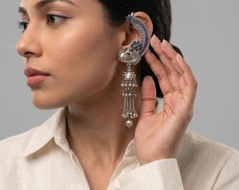 Silver Tone Blue Jhumka with ear cuff, jhumkas,  Statement Earrings, SLA, Silver look Alike, Banjara jewelry, Oxidixed,