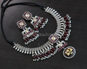 Oxidized Silver Red Inlay Necklace, Temple Jewelry Set