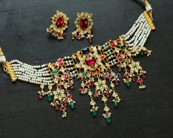 Navratan Choker Kundan Halskette, indische Hochzeit, Bollywood Halskette, Kundan Halskette, Jadau Kundan Halskette Stone Kundan, Amrapali