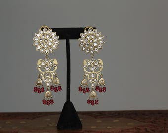 Vintage Gold Kundan Chandbaali Earrings, Designer Large Indian earrings Jewelry