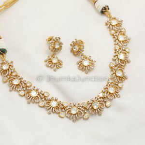 Moissanite Polki Necklace Set Gold Plated Moissanite Necklace Wedding Jewelry Gold Polki Necklace Kundan Necklace image 2