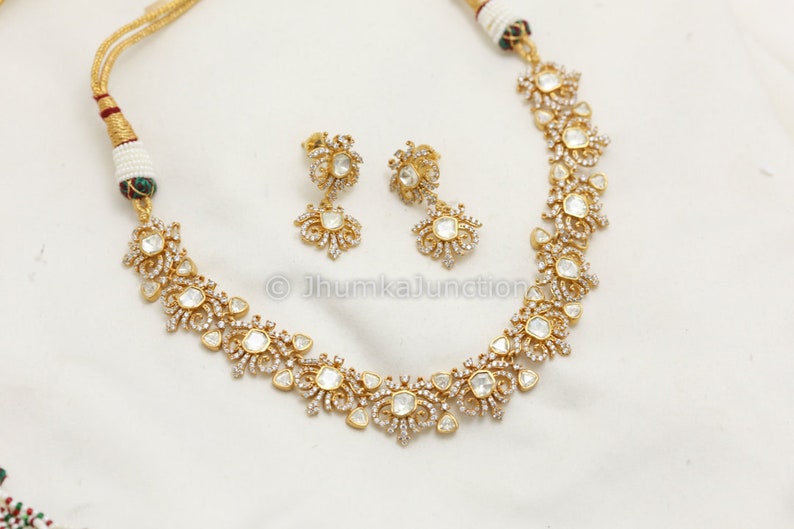 Moissanite Polki Necklace Set Gold Plated Moissanite Necklace Wedding Jewelry Gold Polki Necklace Kundan Necklace image 2