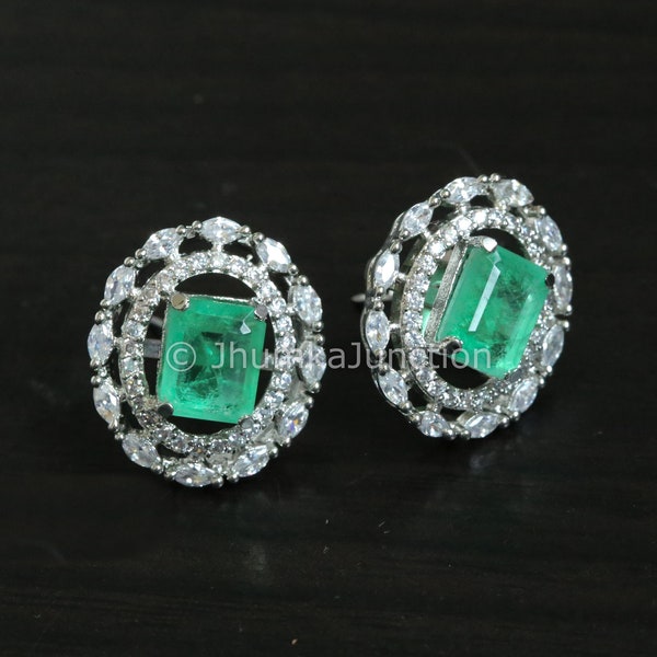 Emerald Green CZ Earrings, CZ Gold Plated Earrings, Green Gold  Earring, Indian Earring, Bollywood Earrings, Turkish