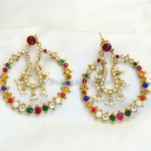 Kundan Navratan Chandbali,  Navratan Kundan Earrings,  Navratna Earrings, Jhumka, Gold Pearl earrings