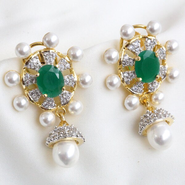 Designer Emerald CZ Stud Earrings, CZ Earrings, Emerald Green earring