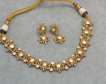 Vergulde set met moissaniet polkiketting | Kundan-sieraden bruiloft