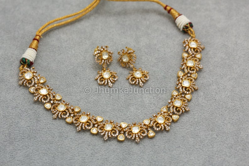 Moissanite Polki Necklace Set Gold Plated Moissanite Necklace Wedding Jewelry Gold Polki Necklace Kundan Necklace image 1