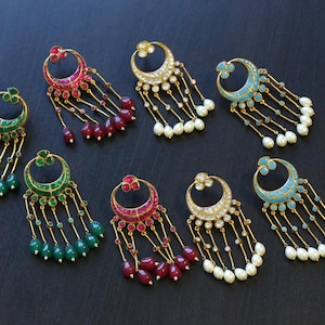 Duidelijke Kundan Chandbaali, Pachi Jadau Kundan Chandbali, Kundan-oorbellen, Pachi Kundan-oorbellen, Jhumka, gouden pareloorbellen
