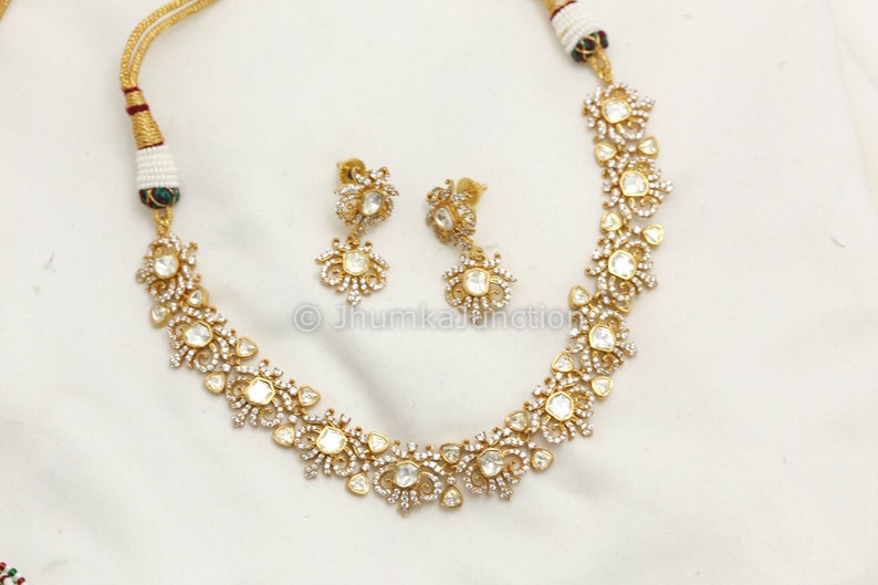 Moissanite Polki Necklace Set Gold Plated Moissanite Necklace Wedding Jewelry Gold Polki Necklace Kundan Necklace image 3