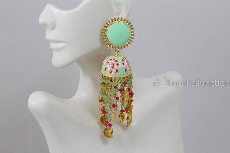 Enamel Kundan Chandbali Pachi Kundan Earrings Jhumka Green Jhumka Gold Pearl earrings Green Enamel Jhumka Kundan Earrings