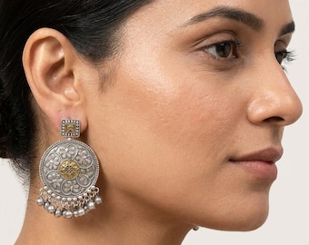 Oxidized Dual Tone Chandbaali Earrings, Indian Jhumka Jewelry