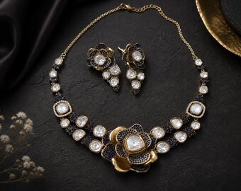 Conjunto de collar Kundan Polki 3D de oro mate con circonitas cúbicas pavé, collar de diseño, boda india, nupcial, moissanita