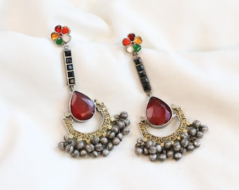 Dual tone doublet earrings, Indian earring,  Oxidized Statement Chandbaali, Silver look alike, SLA