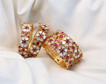 Kundan MOP Polki Bangle, Ethnic Gold Plated Jadau Bangle,