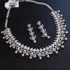 CZ Sapphire Necklace, Silver Blue CZ Necklace, Indian Jewelry  Indian Necklace