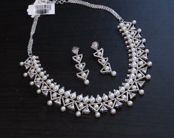 Conjunto de colar e pérolas CZ, joias indianas em prata